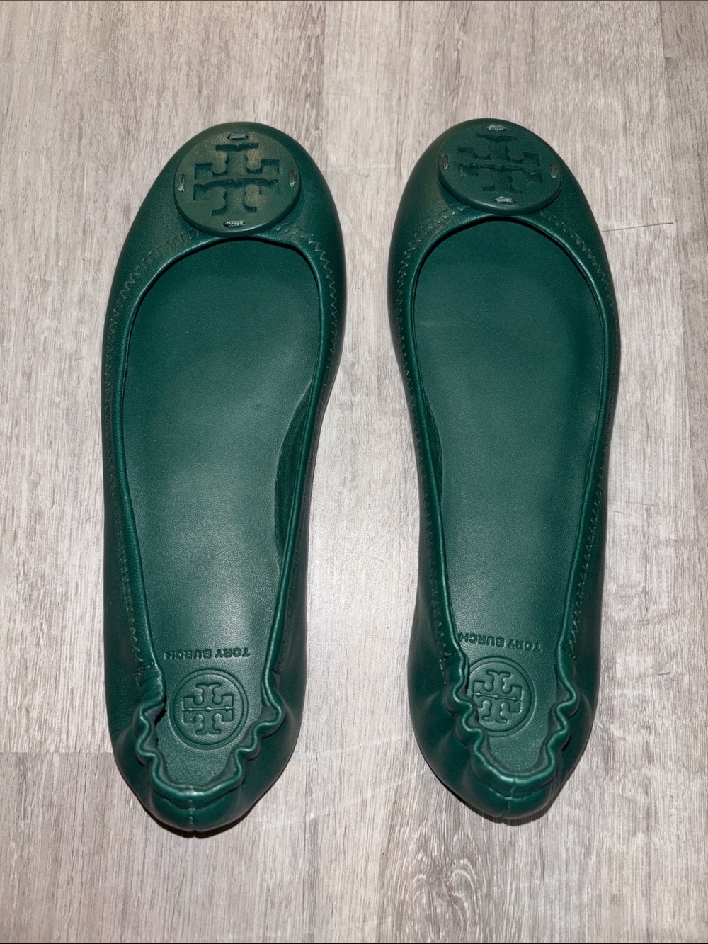 Tory Burch Dark Green Leather Logo Ballet Flats